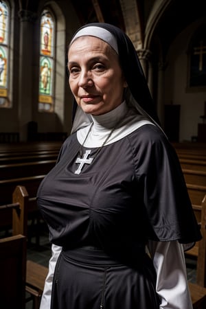 ((masterpiece)), best quality, photorealistic, raw photo, Realism, ((voluminous breast)), covered body, tight clothes, nighttime, very dark lighting, aging wrinkled face, perfect figure, seductive_pose

((40yo Latin nun)) alone in a small church room