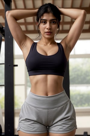 Indian milf in gym, wearing sports bra with long shorts, thick_thighs, showing dark and sweaty armpts, dark_skin, sweat_drops, sweaty, short_hair, abs, cleavage, very_high_resolution, high_definition, exposed_navel, seductive_pose, hourglass_figure,Detailedface