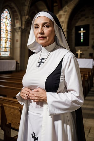 ((masterpiece)), best quality, photorealistic, raw photo, Realism, f((voluminous breast)), covered body, tight clothes, nighttime, very dark lighting, perfect figure,

((50yo Latin nun)) in a small church room having wrinkled aging face