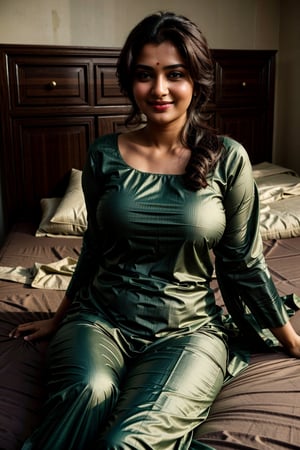 Pakistani woman lying on bed, wearing traditional shalwar kameez, very_high_resolution, high_definition, seductive smile, realistic, dark_skin, hourglass_figure, sweaty, covered body, low neck, slightly_chubby, tight_clothes