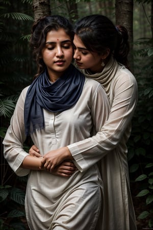 masterpiece, best quality, photorealistic, raw photo, Realism,

((lesbian making love)), ((hugging from behind)), Pakistani (16yo) in a dense jungle, ((wearing white dull shalwar kameez)), ((navy blue scarf in neck)), ponytail_hair, shy and confused expressions, detailed skin, hourglass_figure, covered body, slightly_chubby , very tight clothes