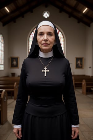 ((masterpiece)), best quality, photorealistic, raw photo, Realism, ((voluminous breast)), covered body, tight clothes, nighttime, very dark lighting, aging wrinkled face, perfect figure, seductive expressions, detailed skin,

((50yo Latin nun)) alone in a small church room