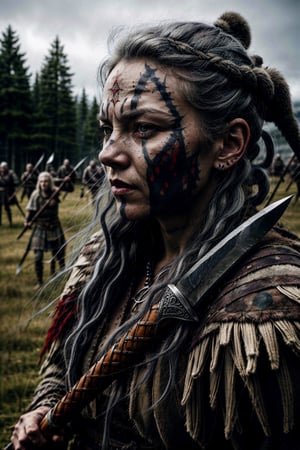 full-body_portrait, high quality, highly detailed, detailed face, detailed eyes, grey hair, clan fighting in battlefield background, wearing Nordic warrior clothes, holding sharp dagger, curly grey hairs, blood-stained_clothes, shaman necklaces, Viking face paint,

Imagine an intense Nordic woman fighting in a bloody battle wielding a battle axe and screaming