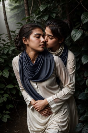 masterpiece, best quality, photorealistic, raw photo, Realism,

((lesbian making love)), ((hugging and kissing neck from behind)), Pakistani (16yo) in a dense jungle, ((wearing white dull shalwar kameez)), ((navy blue scarf in neck)), ponytail_hair, shy and confused expressions, detailed skin, hourglass_figure, covered body, slightly_chubby , very tight clothes