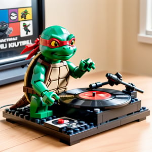 Ninja turtle listening to music on a Vinil turntable made of lego with a vinil disc with a ninja turtle on the label