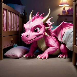 Pink dragon hiding under a child's bed at night 