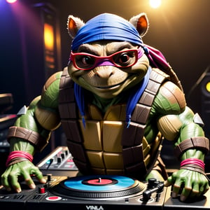 Splinter from the ninja turtles DJing on vinil turntables
