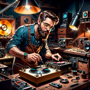 An illustration of a bearded man with a loupe in his workshop soldering vintage hifi equipment, smokey invorenment, volumetric lighting, animation style, dark colors, minimal, with tool boxes, turntable, speakers, vinil disks on the background, cassete tapes on the background, gradient