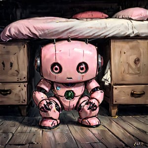 Tiny Evil Pink robot hiding under the bed at night ,ZilleAI