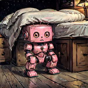 Tiny Evil Pink robot hiding under the bed at night ,ZilleAI