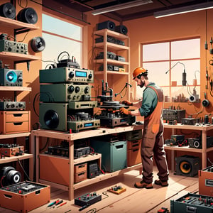 An illustration of a man in his workshop repairing hifi equipment, animation style, earthy colors, minimal, with tool boxes, turntable, robots and machines on the background, gradient
