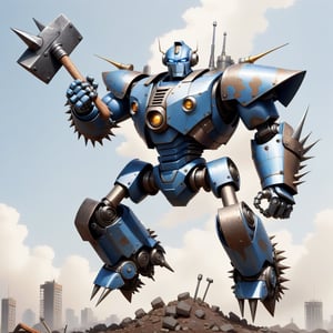 Flying Gigantic robot with a spike as the right hand and a hammer as the left hand