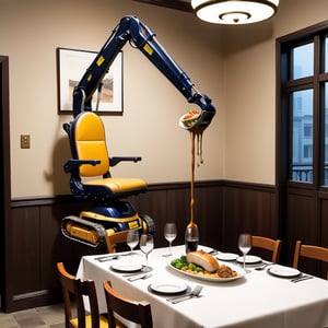 A dinner chair with a escavator having dinner