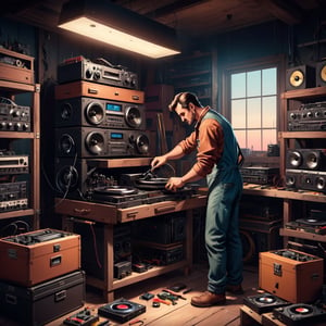 An illustration of a man in his workshop repairing vintage hifi equipment, animation style, dark colors, minimal, with tool boxes, turntable, speakers, vinil disks and cassete tapes on the background, gradient
