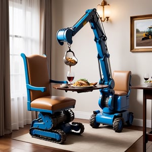 A dinner chair with a escavator having dinner