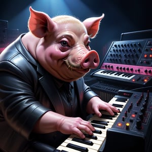 Evil pig playing synthetizers