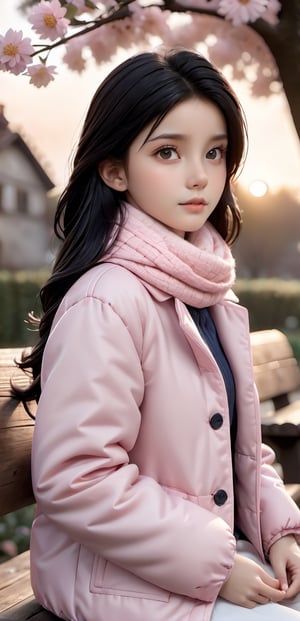 Portrait, half-length, 8k, realistic, ultra-clear details, ins style, uniform light, low contrast, frontal fill light, Morandi color, sunrise garden, 1 little girl, fair skin, black hair, woolen scarf, pink Down jacket, flower hair accessories, diffused light, big trees, clouds, sitting on an old wooden bench, looking into the distance,
