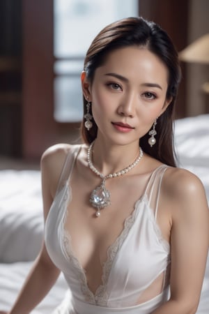 Closeup portrait, 4k, 40 years old, Chinese lady, face skin texture, in bedroom, wearing white transparent sexy dress style, art, cinematic atmosphere, panorama, feminine, cleavage, perfect breasts, t-string pants, gemstone necklace, pearl earrings