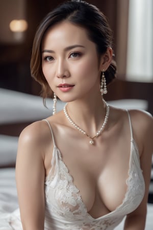 Closeup portrait, 4k, 40 years old, Chinese lady, face skin texture, in bedroom, wearing white transparent sexy dress style, art, cinematic atmosphere, panorama, feminine, cleavage, perfect breasts, t-string pants, gemstone necklace, pearl earrings