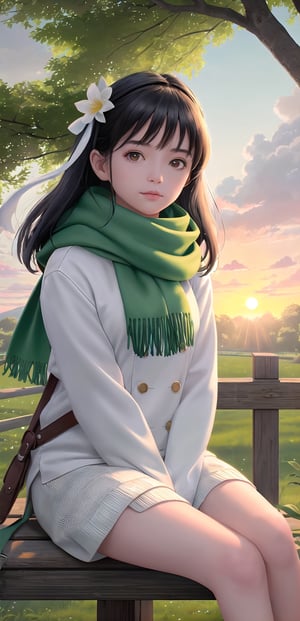 Portrait, half-length, 8k, realistic, ultra-clear details, ins style, uniform light, low contrast, frontal fill light, Morandi color, sunrise garden, 1 little girl, fair skin, black hair, woolen scarf, white T-shirt, light green down jacket, flower hair accessories, diffused light, big trees, clouds, sitting on an old wooden bench, looking into the distance,