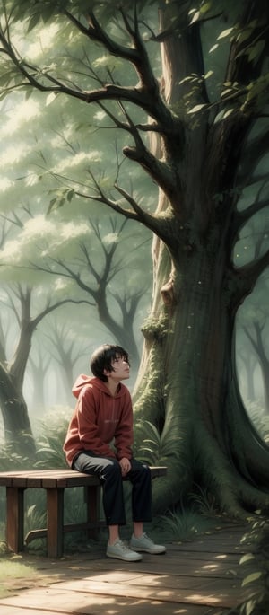16k, realistic, perfect, dark green forest,1 girl,
,rain, big old tree ,
, black hair,
,cry,
,little boy, red hoodie, 


,long black loose trousers,

,
, sitting on top old wooden bench,

,, seen from afar,perfecteyes