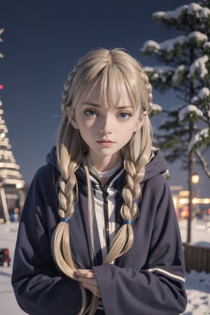 lawine, long hair, bangs, blue eyes, blonde hair, braid, low-tied long hair, hoodie, (night:1.2), low light, snow (masterpiece, best quality:1.4)