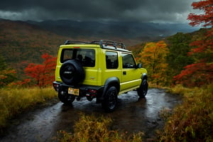 (masterpiece:1.4),  (best quality:1.4),  highly detailed, forest, rain, overlook, mountains, autumn, (dark sky:1.3), ethereal quality, JB64,  jimny, vehicle focus, JB64