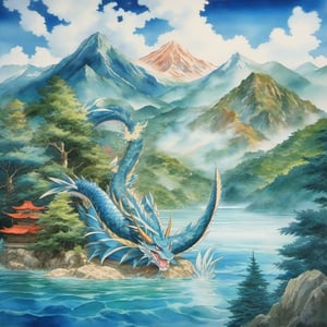 1990s anime still, an giant gyarados in middle of lake, with mountains and beach,and trees arround it,  masterpiece, best quality, intricate details, very beautiful, delicate face,  watercolor with oil