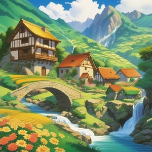 1990s anime still, a valley with mountains with waterfalls, an stone house with a mill, rivers, flower fields, trees, animals, medieval fantasy setting, oil ilustration
