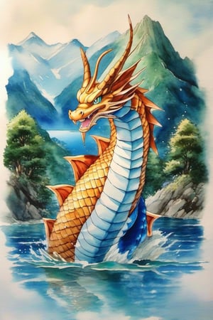 1990s anime still, an giant gyarados in middle of lake, with mountains and beach,and trees arround it,  masterpiece, best quality, intricate details, very beautiful, delicate face,  watercolor with oil