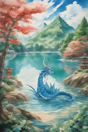 1990s anime still, an giant gyarados in middle of lake, with mountains and beach,and trees arround it,  masterpiece, best quality, intricate details, very beautiful, delicate face,  watercolor with oil