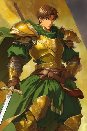 90s anime still, a male warrior with short hair brown, turmeric skin, and armor turmeric, clothes green, with a sword, oil illustration