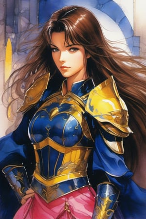 1990s anime still, a female with long brown hair, dark blue with yellow details armour chest plate and shouder pads, dark pink short dress, yellow pants, and a sword, fantasy sci-fi setting, masterpiece, best quality, intricate details, very beautiful, delicate face, watercolor with oil