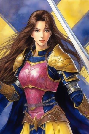 1990s anime still, a female with long brown hair, dark blue with yellow details armour chest plate and shouder pads, dark pink short dress, yellow pants, and a sword, fantasy sci-fi setting, masterpiece, best quality, intricate details, very beautiful, delicate face, watercolor with oil