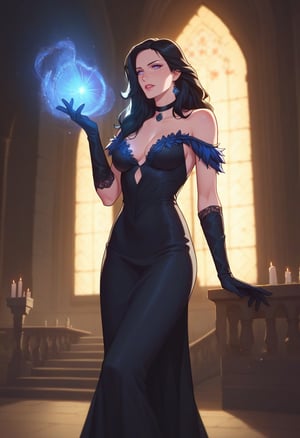 score_9, score_8_up, score_7_up, 1girl, solo, Yennefer from the witcher, exquisite dress, black dress, black gloves, magic, glowing, blue magic, hand gloves, castle interior, by and.ad, sleevless