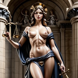  masterpiece of Lady Justice, an allegorical personification of the moral force of judicial systems, is dressed in sexy, form-fitting leather garments. A scarf hides completly her eyes.((( stone body.)))