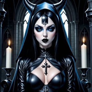 temptation of a succubus dressed in a leather nun outfit. very sexy, beautiful form, sensual. bewitching. unhealthy. gothic. ((blue skin))). black lips, black hair. emo. church. candle.