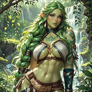  score_9, score_6_up, score_5_up,High detailed,picture-perfect. A masterpiece of a scene depicting agothic sexy curvy woman makes from plants, big pointy ears, (((green skin body))), green lips, green hair, with (((tribal tattoos))), sexy medieval clothes, inspired by Nordic folklore and Norse mythology in a lush forest. ((((green plant skin. ))))Fantasy art.