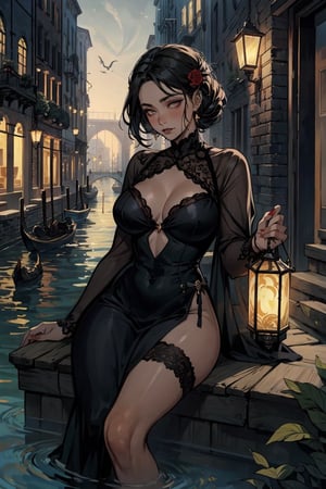  A serene Venetian canal at dusk, with a majestic Gothic-style gondola gliding smoothly through the water. The sexy vampire, dressed in black lace and velvet, sits regally at the bow, her piercing eyes gazing out at the city's ornate bridges and baroque buildings, while the soft glow of lanterns reflects off the ripples on the water.