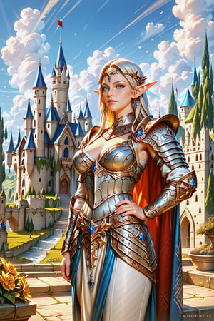 score_9,score_8_up,score_7_up,detailed,very detailed, epic, magnificent, Masterpiece of a (((beautiful, sexy elf woman with pale skin))), pointed ears, wearing Renaissance-style armor. the scene takes place outside, in front of a castle.