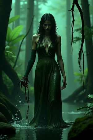 score_9, score_6_up, score_5_up,Very detailed, perfect image. masterpiece. A dark, misty swamp backdrop sets the ominous tone as the mysterious ,magnificent, woman emerges, her dripping-wet form glistening in the dim light. The murky green waters part like a veil, revealing her sinister presence. She's clad in a moss-covered dress that blends seamlessly with the surroundings, yet her malevolent aura shines through like a beacon. The camera frames her figure from a low angle, emphasizing her power and dominance over the primeval landscape.