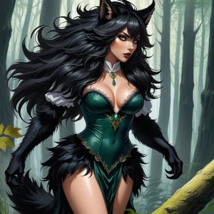 A femelle werewolf monster very hairy bewitching beauty stands in a dense forest. femelle werewolf body.