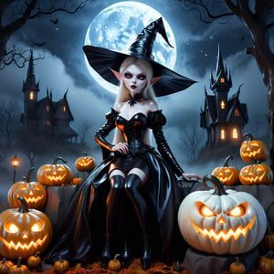  score_9, score_6_up, score_5_up,Very detailed, perfect image. Masterpiece of a pointy-eared (((witch with pale white skin))), with glowy eyes, in a black tight leather skirt sits on a giant luminous pumpkin. Full moon. Mist. Magical atmosphere.