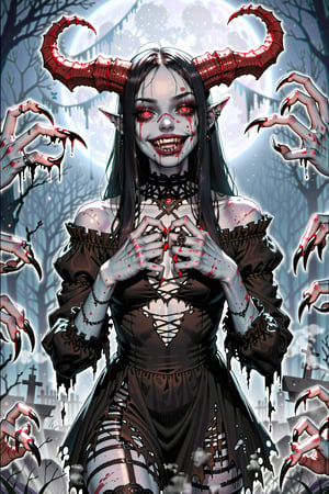  score_9, score_6_up, score_5_up,Very detailed, perfect image. Masterpiece of a sexy cury demon girl, beautiful face, horns, glowy eyes, claws, torn black dress, gothic style , undead, living in a dark dungeon. fog. mist. scary. scary atmosphere.