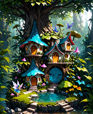 Masterpiece of a scene showing a diorama of a miniature fantasy world of a fairy house. Wonderful atmosphere. 