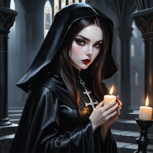 A hauntingly beautiful vampire, with rich brown locks framing her porcelain complexion, kneels in devotion within the ancient stones of a Gothic church. A leather nun's habit wraps around her lithe form, its darkness accentuating her ethereal features. Her half-parted lips reveal razor-sharp fangs, while her blackened mouth seems to whisper incantations to the flickering candlelight that dances across her pale skin.