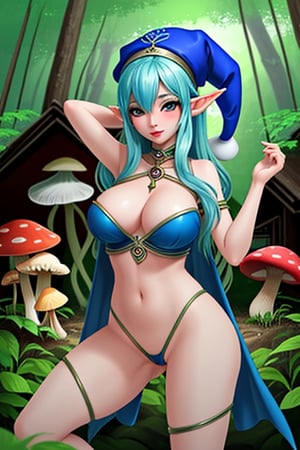 A sexy blue fantasy elf woman in the forest. There's a mushroom house behind her.
