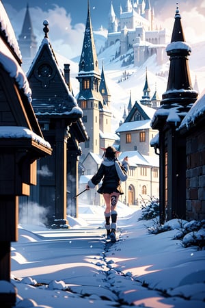 Winter and cold. Snow on the ground. An elf woman is walking through an enchanted forest. dressed in a sexy black outfit. very short skirt. tattoo on arm. goblin ear. black hair. fairies flying in background. path leading to castle in background. scene takes place in winter. snow. cold. very low temperature. cold fog.