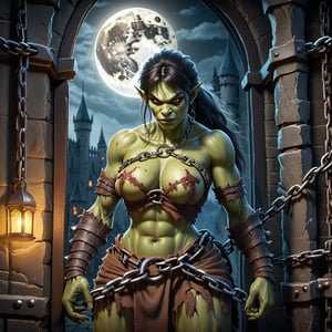 A beautiful (((female orc monster))) finds himself chained in a castle dungeon, lit by the full moon through the window bars. (((His beast-skin clothes are torn.)))