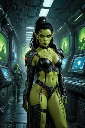  A futuristic spaceship's dimly lit corridor serves as the backdrop for an otherworldly beauty. masterpiece. Sexy, beautiful, very pretty, female orc, sporting vibrant green skin and clad in a provocative leather ensemble, strikes a sultry pose amidst rows of humming computers. The eerie glow of console screens casts an ethereal ambiance, accentuating the orc's toned physique as they confidently lean against a metallic console, their piercing gaze beckoning viewers to enter this extraterrestrial realm.